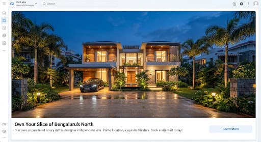 Contemporary independent villa at dusk with a lit facade and landscaped lawn