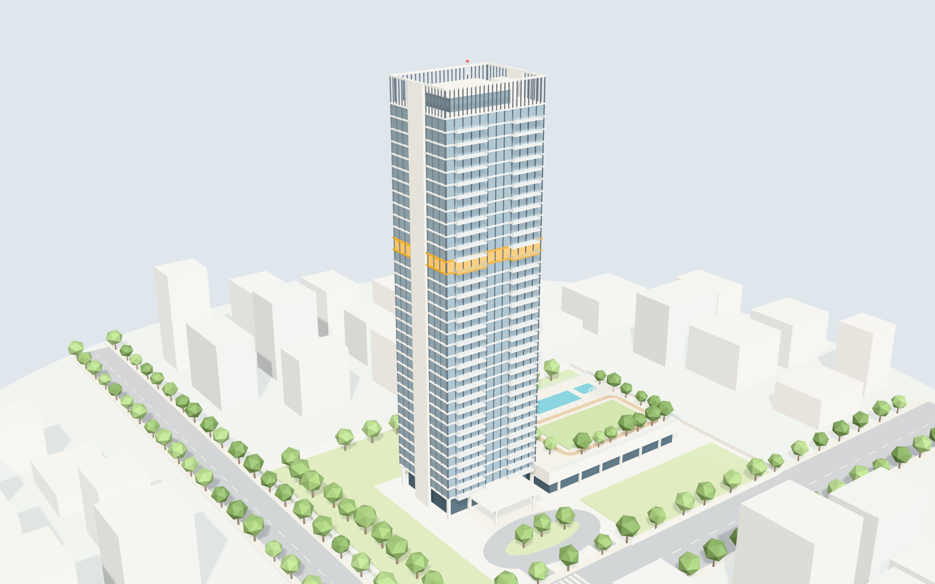 The Orvanta Heights tower in 3D, with floor 21 highlighted, its podium, pool and the streets around it