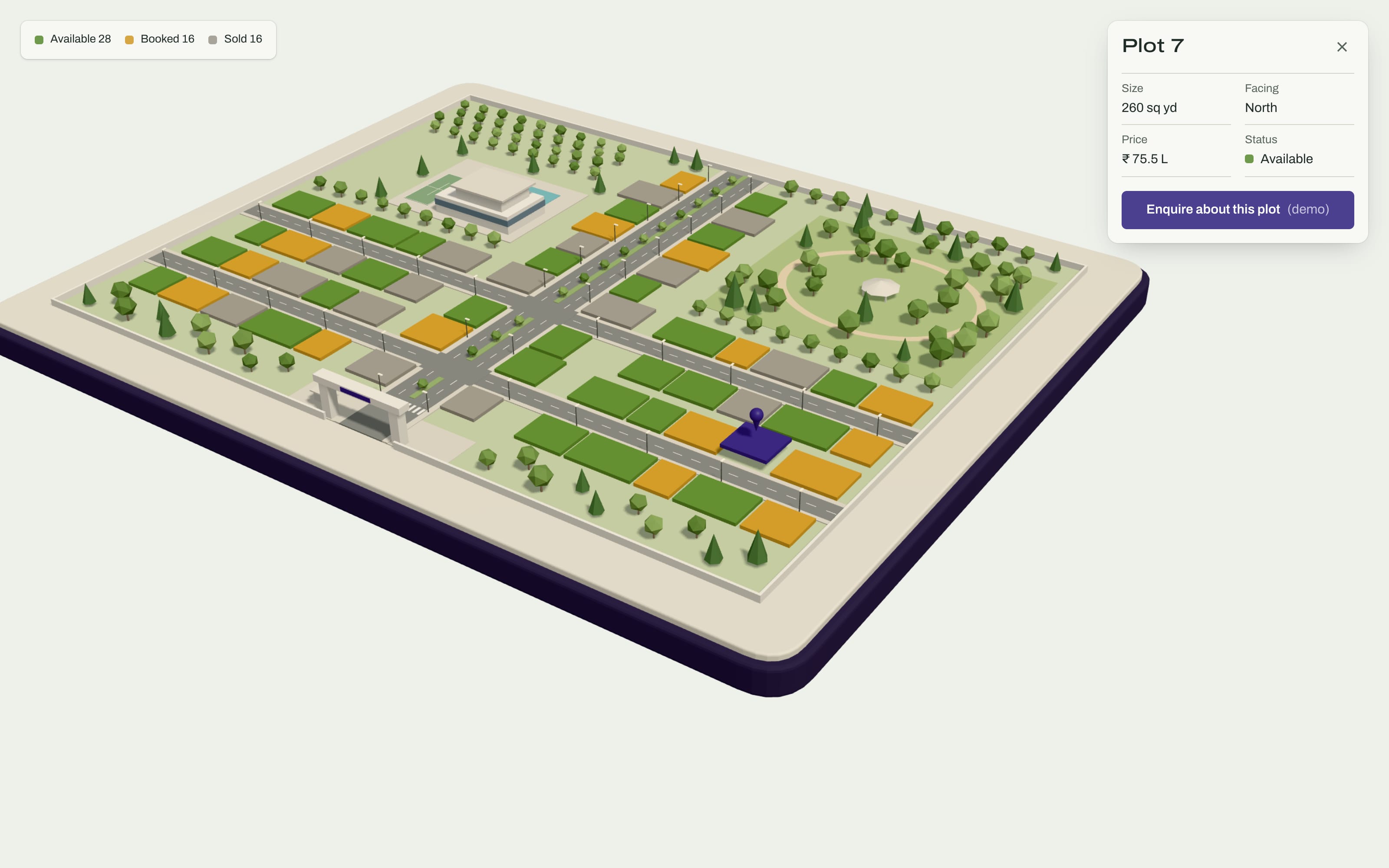 The Vellora Meadows template with one plot chosen on the 3D masterplan: the plot is raised and pinned, and a card gives its size, facing, price and status