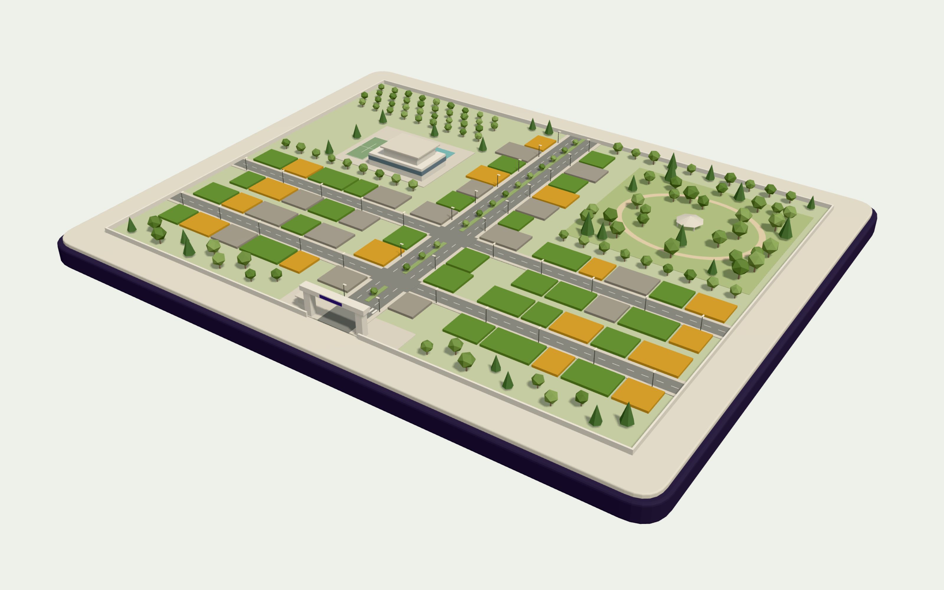 3D masterplan of Vellora Meadows, a sample township of sixty plots around a central avenue, with a gate, a park and a clubhouse