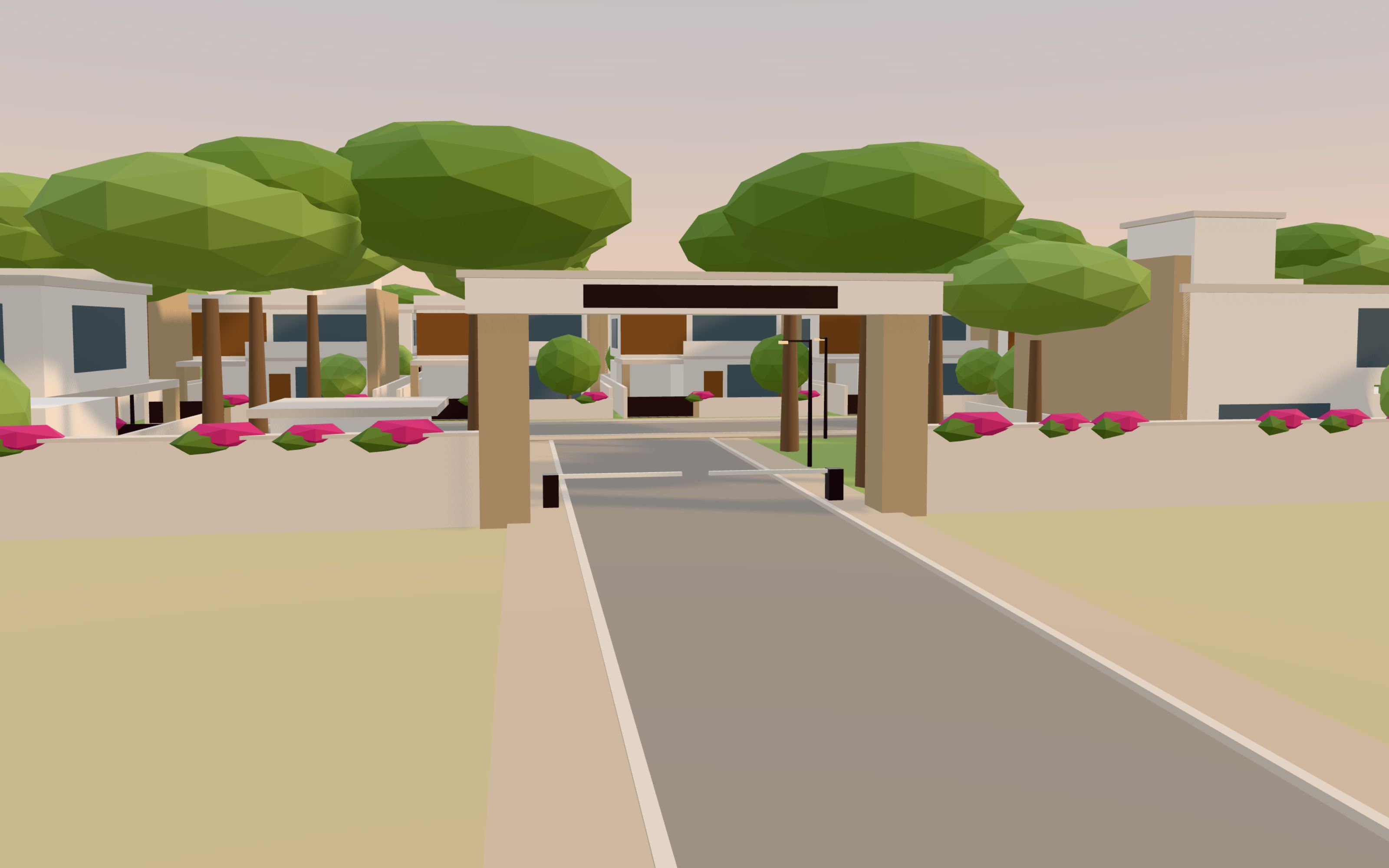 The gated entrance of Lumivale Estate in 3D, where the walk through the estate begins