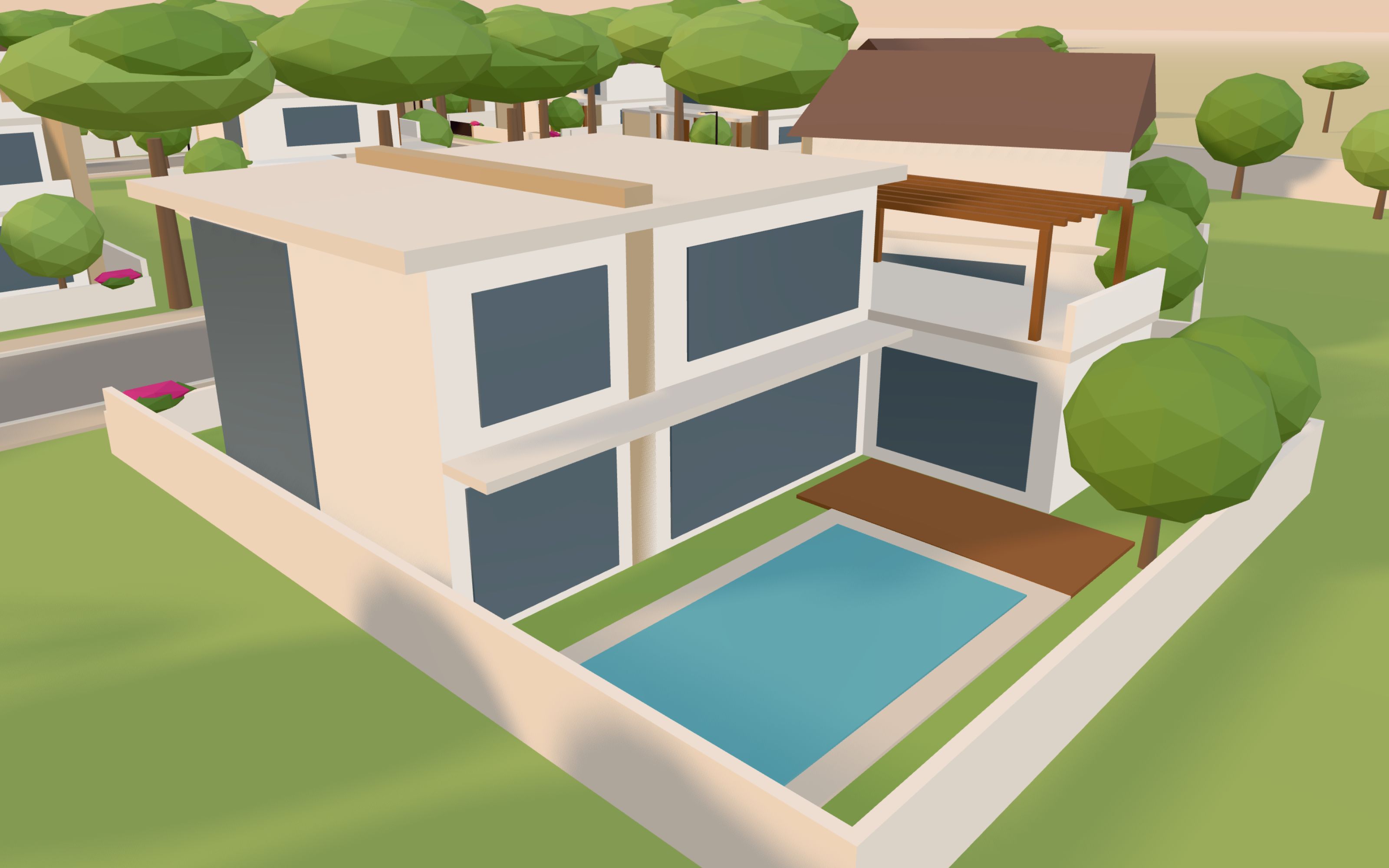 Model view of the garden side of a signature villa at Lumivale Estate: a private pool and timber deck below two white wings, with a pergola on the roof terrace